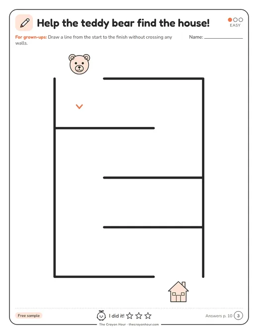 Maze page from the free set with a wide path from a start picture to an end picture