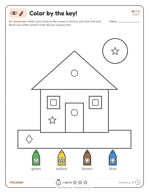 Color-by-the-key page from the free set with large shapes and a crayon key at the bottom