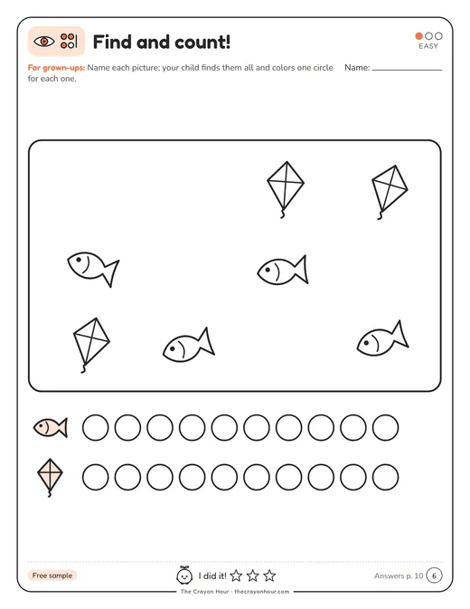 Find-and-count page from the free set with a row of circles to color