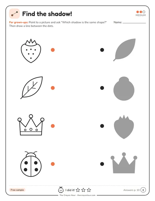 Find-the-shadow page from the free set with pictures on the left and shadows on the right