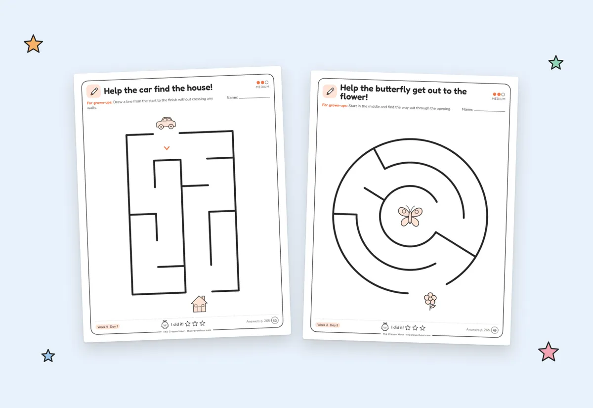 Two black-and-white maze pages from Quiet Time on a pale blue background: a car maze and a round butterfly maze