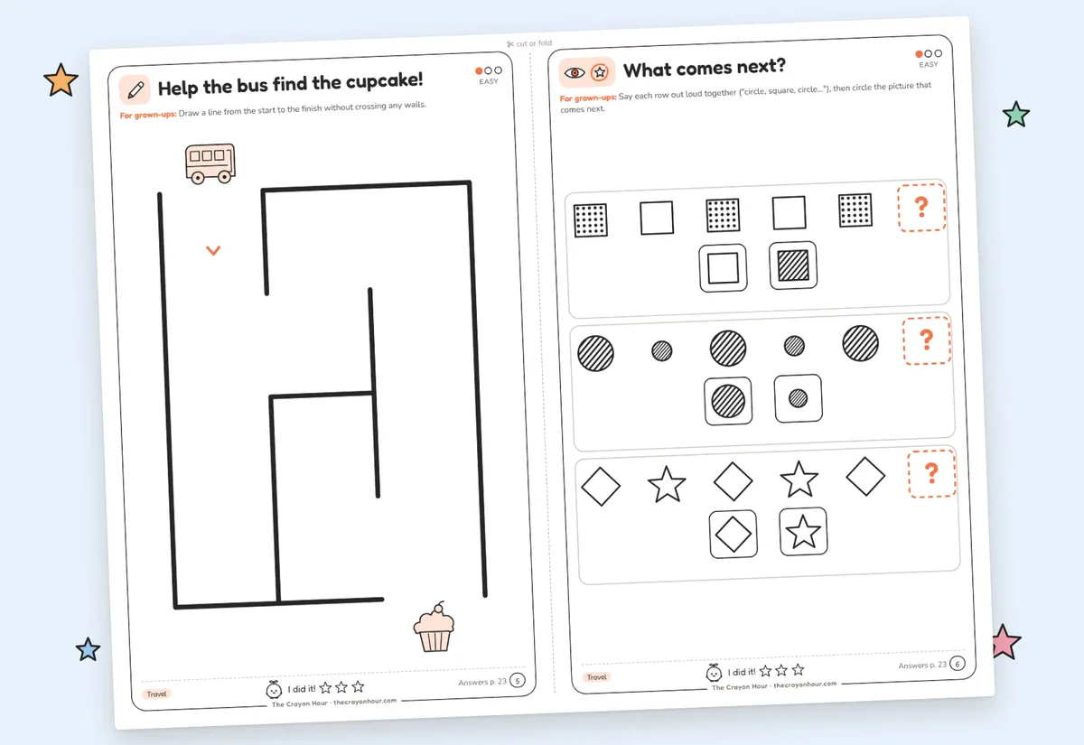 Two black-and-white Travel Pack pages: a bus-and-cupcake maze and a what-comes-next pattern page