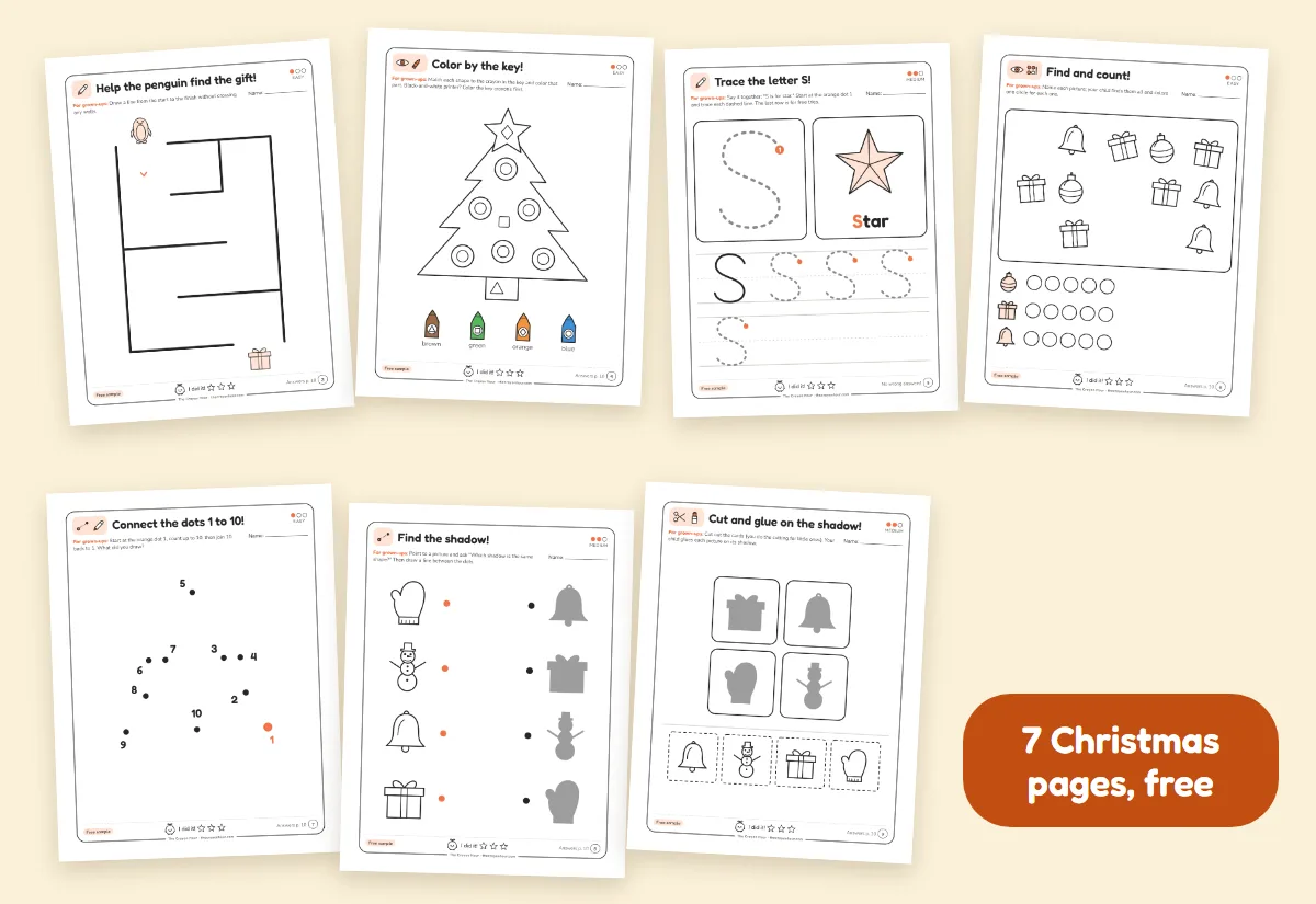 Seven free Christmas activity pages laid out in two rows: a penguin maze, color the tree by the key, trace the letter S, find and count, connect the dots, find the shadow, and cut and glue