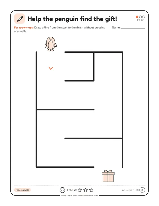 Maze page: help the penguin at the top find the gift at the bottom, with wide paths
