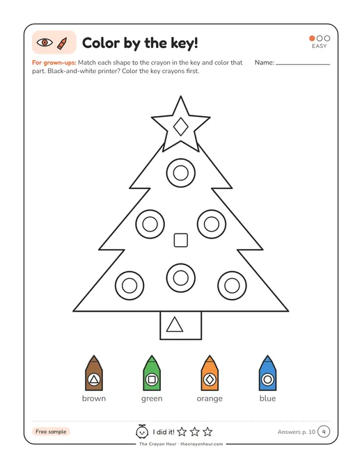 Christmas tree page with a symbol in each section and a crayon key to color by