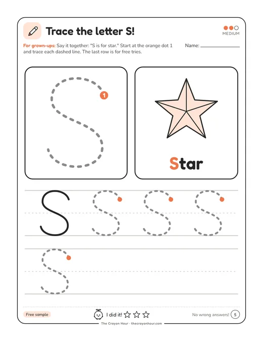 Page with a large letter S to trace and a star, labeled S is for star