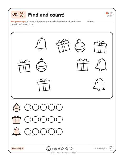 Page with ornaments, bells and gifts to find and count