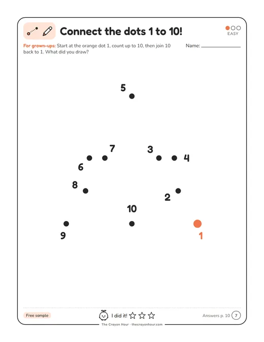 Dot-to-dot page numbered 1 to 10 that makes a Christmas tree
