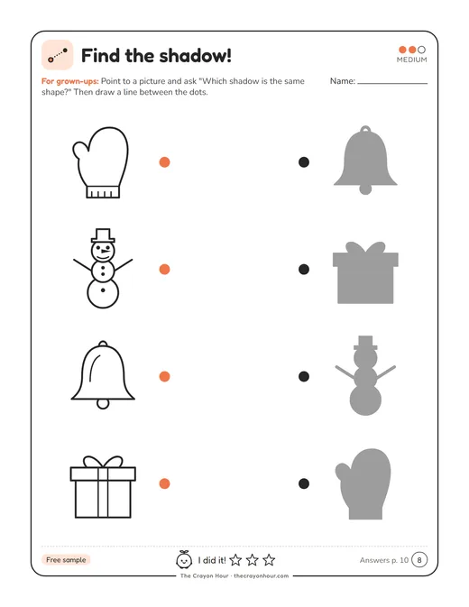 Page with a mitten, a snowman, a bell and a gift beside their shadows, ready to match with lines