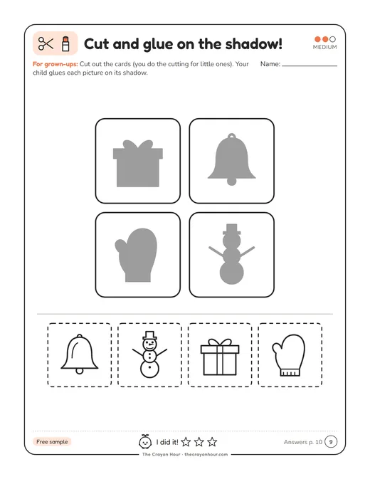 Page with cut-out pieces to glue onto matching shadows