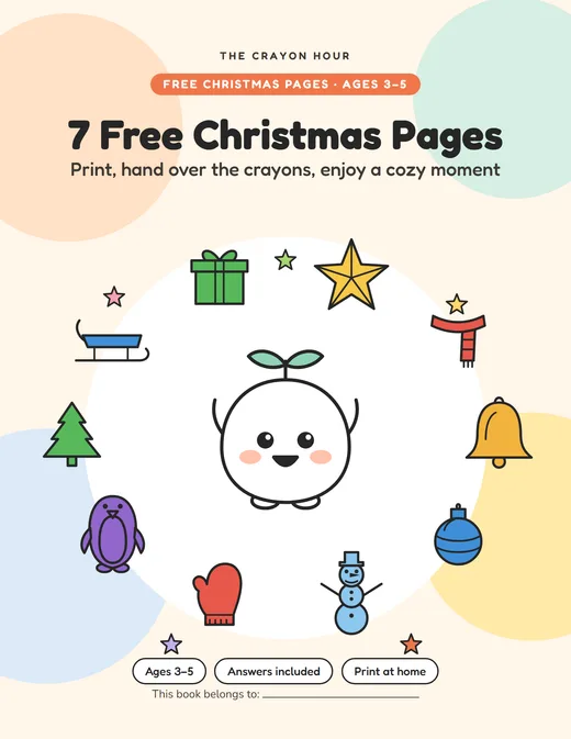 Cover of the 7 Free Christmas Pages set from The Crayon Hour, with Nib the mascot and Christmas icons